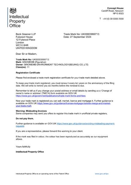 China Sinomemb Environment Technology (beijing) Co., certification